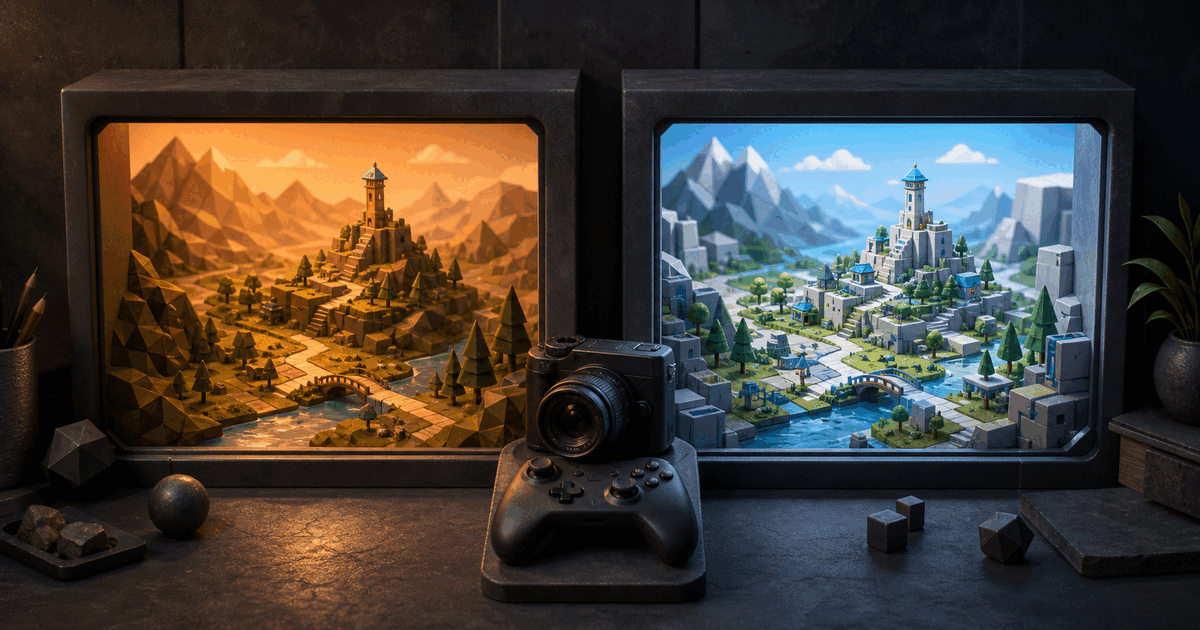 The same low-poly game world through two windows beside a camera and controller