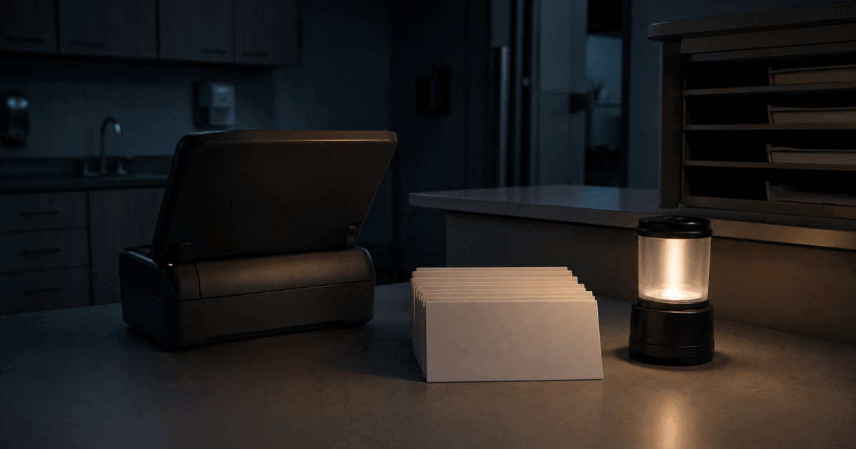 A battery lamp illuminating blank record cards beside a local workstation in a dark clinic