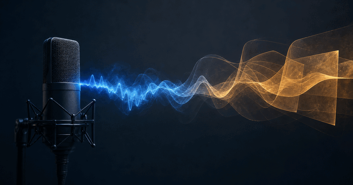 A studio microphone sending blue voice waves into layered amber forms