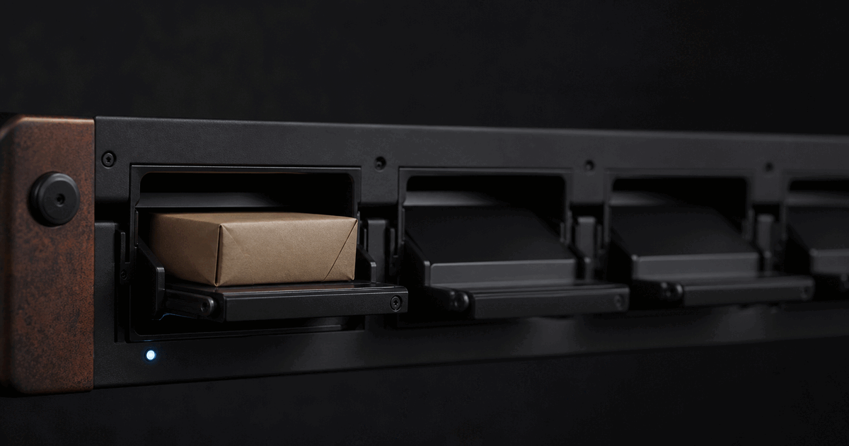 A small paper parcel waiting in a row of dark delivery slots