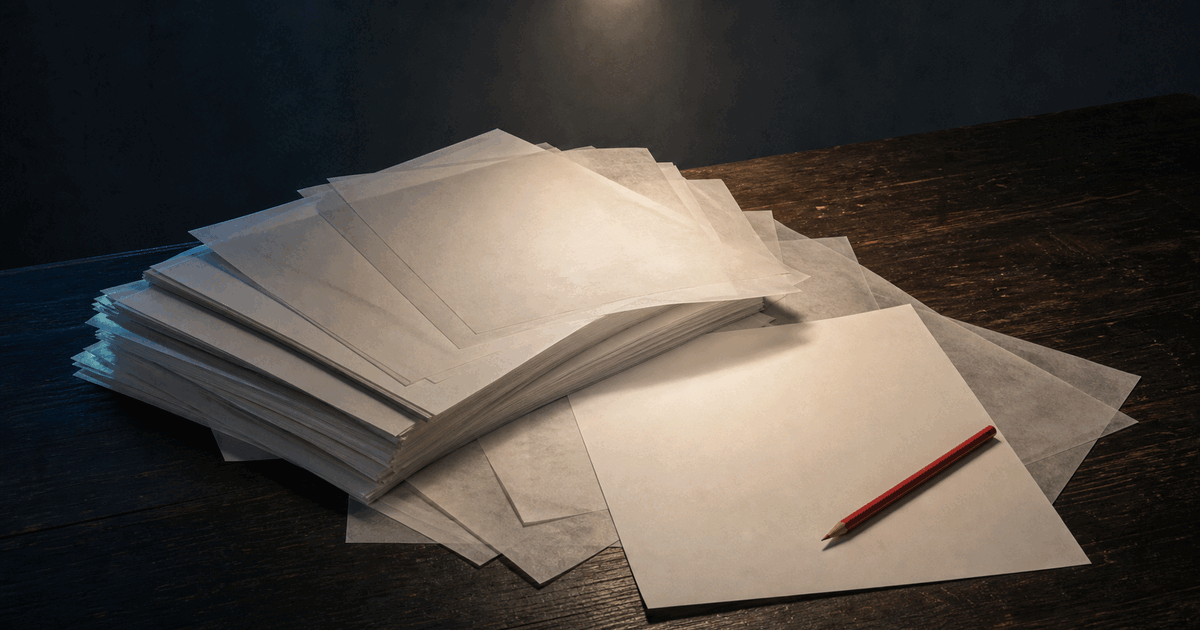 Blank paper submissions and tracing sheets under a review lamp beside a red pencil