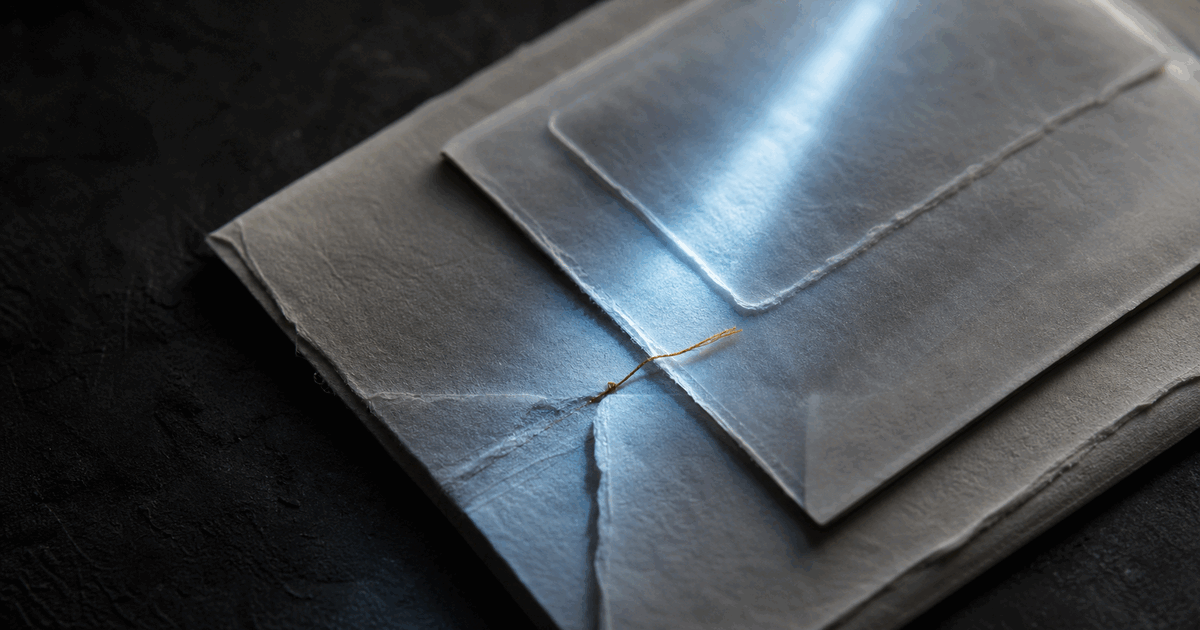 Sealed translucent envelopes crossed by blue inspection light and an amber thread