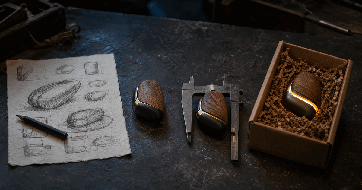 Product sketches, prototypes, calipers, and a finished object on a workbench