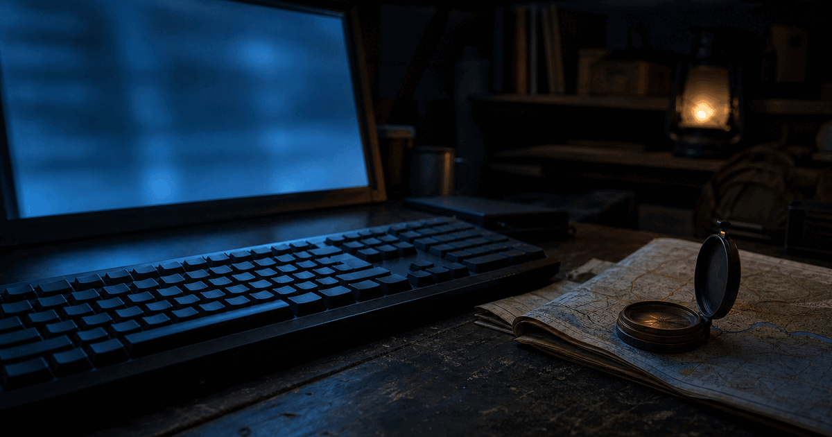 A terminal-lit keyboard beside a paper map and compass on a dark desk