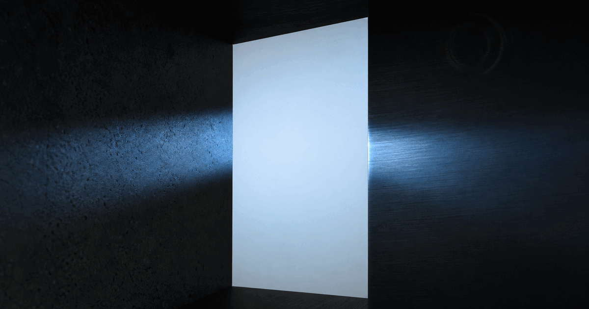 Sky-blue light passing through a portal between two dark surfaces