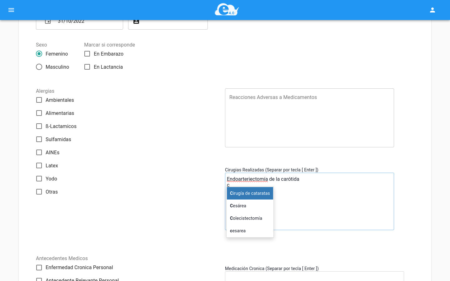 patients creation page showing autocompletion capabilities